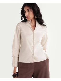 RAREISM - Women Beige Solid/Plain Cotton Blend Shirt