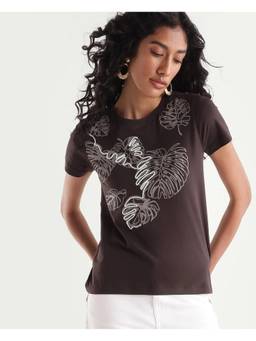 RAREISM - Women Brown Printed Cotton Blend T-Shirt