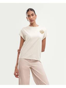 RAREISM - Women Beige Embroidered Cotton Blend T-Shirt