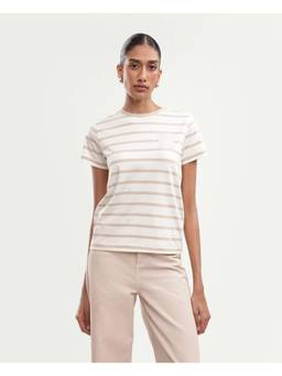 RAREISM - Women Beige Stripes Cotton Blend T-Shirt