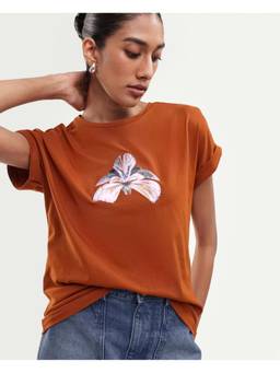 RAREISM - Women Rust Floral Cotton Blend T-Shirt
