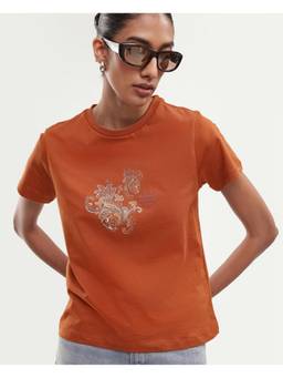 RAREISM - Women Rust Floral Cotton T-Shirt
