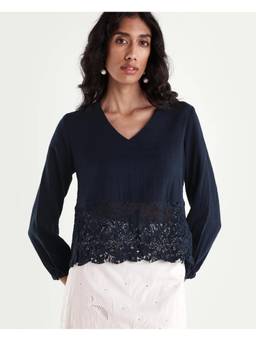 RAREISM - Women Navy Blue Solid/Plain Cotton Top