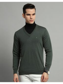 Monte Carlo - Men Olive Full Sleeve V Neck Sweater