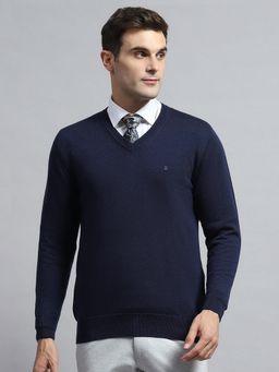 Monte Carlo - Men Navy Blue Full Sleeve V Neck Sweater