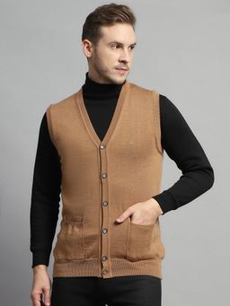 Monte Carlo - Men Brown Sleeveless V Neck Cardigan