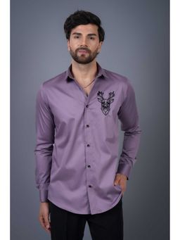 Perch - Mauve Cotton Satin Sequined Slim Fit Shirt
