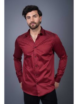Perch - Red Cotton Satin Sequined Slim Fit Shirt