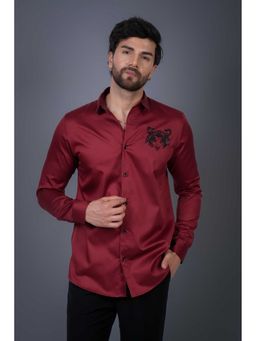 Perch - Cotton Satin Red Sequined Slim Fit Shirt
