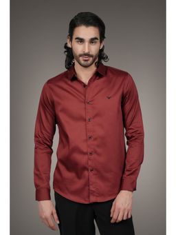 Perch - Red Cotton Satin Plain Slim Fit Shirt