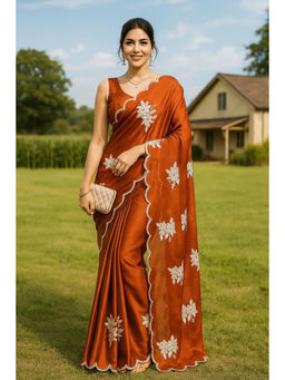 VAIRAGEE - Rust Rangoli Silk Embroidery Saree with Unstitched Blouse