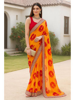 VAIRAGEE - Orange Georgette Print Embroidery Saree with Unstitched Blouse