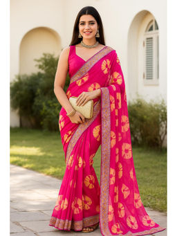 VAIRAGEE - Pink Georgette Print Embroidery Saree with Unstitched Blouse