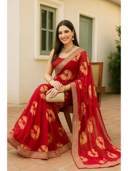 VAIRAGEE - Red Georgette Print Embroidery Saree with Unstitched Blouse