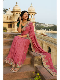 VAIRAGEE - Pink Star Georgette Embroidery Saree with Unstitched Blouse