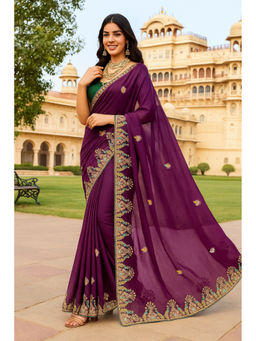VAIRAGEE - Purple Star Georgette Embroidery Saree with Unstitched Blouse