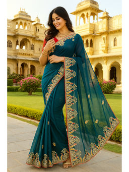 VAIRAGEE - Teal Star Georgette Embroidery Saree with Unstitched Blouse
