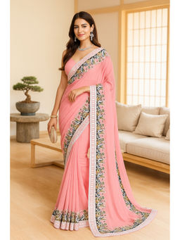 VAIRAGEE - Pink Georgette Embroidery Saree with Unstitched Blouse