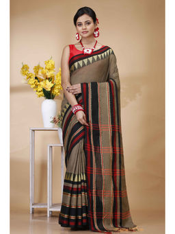 Ruuprekha - Grey Woven Handloom Pure Cotton Stripe Saree with Unstitched Blouse
