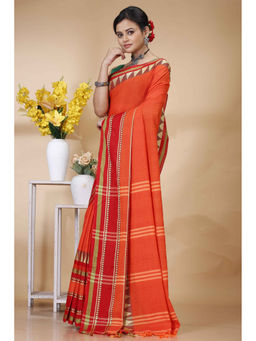 Ruuprekha - Orange Woven Handloom Pure Cotton Stripe Saree with Unstitched Blouse