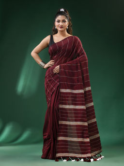 Ruuprekha - Maroon Woven Handloom Pure Cotton Gicha Stripe Saree with Unstitched Blouse