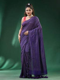 Ruuprekha - Blue Woven Handloom Pure Cottan Stripe Saree with Unstitched Blouse