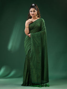 Ruuprekha - Green Woven Handloom Pure Cottan Stripe Saree with Unstitched Blouse