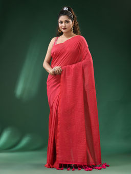 Ruuprekha - Red Woven Handloom Pure Cottan Stripe Saree with Unstitched Blouse