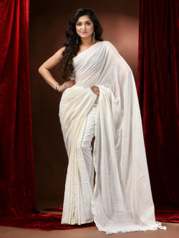 Ruuprekha - White Woven Handloom Pure Cottan Stripe Saree with Unstitched Blouse
