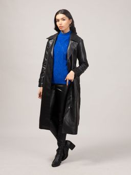 Twenty Dresses by Nykaa Fashion - Black Solid Midi Faux Leather Overcoat With Belt