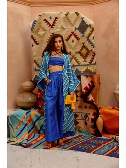 PALLAVI JAIPUR - Cobalt Blue Indi-Leheriya Jacket with Bandue Top and Papa Pant (Set of 3)