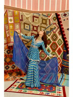 PALLAVI JAIPUR - Cobalt Blue Treasure Tunic Sharara with Dupatta and Belt (Set of 4)