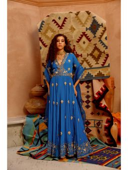 PALLAVI JAIPUR - Cobalt Blue Front Open Anarkali with Pant and Dupatta (Set of 3)