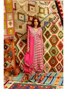 PALLAVI JAIPUR - Hot Pink Indi-Leheriya Wrap Angarkha with Pant and Dupatta (Set of 3)
