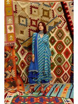 PALLAVI JAIPUR - Cobalt Blue Indi-Leheriya Wrap Angarkha with Pant and Dupatta (Set of 3)