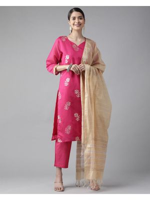 Indo Era Pink Embroidered Straight Kurta Trousers With Dupatta Set main image 1