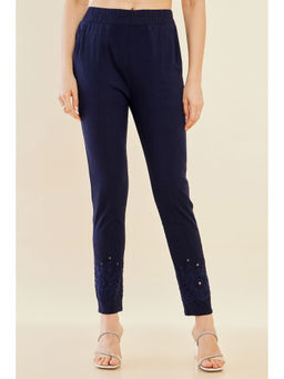 Soch - Women Navy Blue Embroidered Cotton Straight Pant