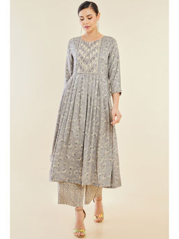 Soch - Women Grey Rayon Pleated Printed Kurta With Palazzo (Set of 2)