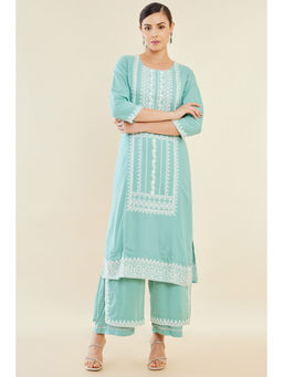 Soch - Women Turquoise Rayon Embroidered Kurta With Palazzo (Set of 2)