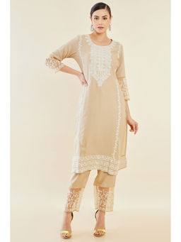 Soch - Women Beige Rayon Straight Kurta With Embroidered Designs And Patterns (Set of 2)