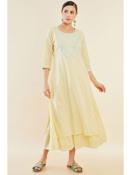 Soch - Women Light Yellow Cotton Layered And Tiered Kurta
