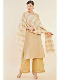 Soch - Women Beige Cotton Unstitched Dress Material (Set of 3)