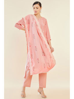 Soch - Women Peach Stripes And Ethnic Embroidered Muslin Kurta (Set of 3)