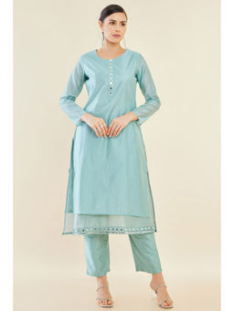 Soch - Women Sap Green Chanderi Embroidered And Mirror Embellished Straight Kurta (Set of 2)