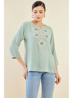 Soch - Women Sap Green Crepe Tunic With Geometric Embroidery