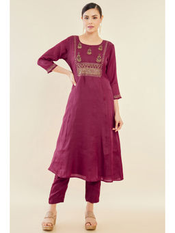 Soch - Women Maroon Silk Blend Zardozi Hand Embroidered Kurta (Set of 2)