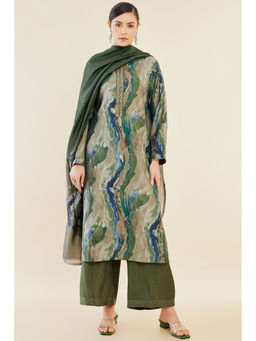 Soch - Women Green Abstract Printed And Embroidered Muslin Palazzo (Set of 3)