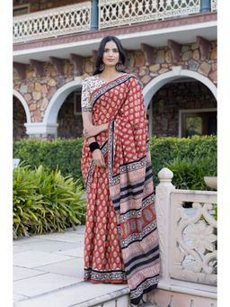 Ragavi - Brick-Red Hand-Block Cotton Saree