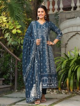 MEENA BAZAAR - Blue Floral Print V-Neck Anarkali with Pant and Dupatta