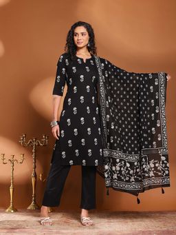 MEENA BAZAAR - Black Printed Round Neck Kurta with Pant and Dupatta